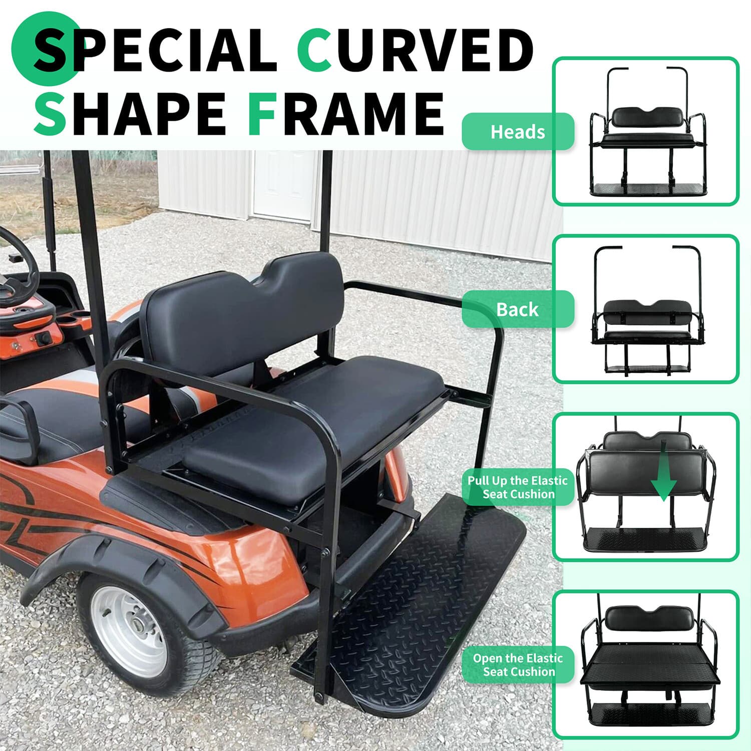 For EZGO TXT 1995-up Rear Flip Seat Kit with Fold Down Pad Black Cushions 4