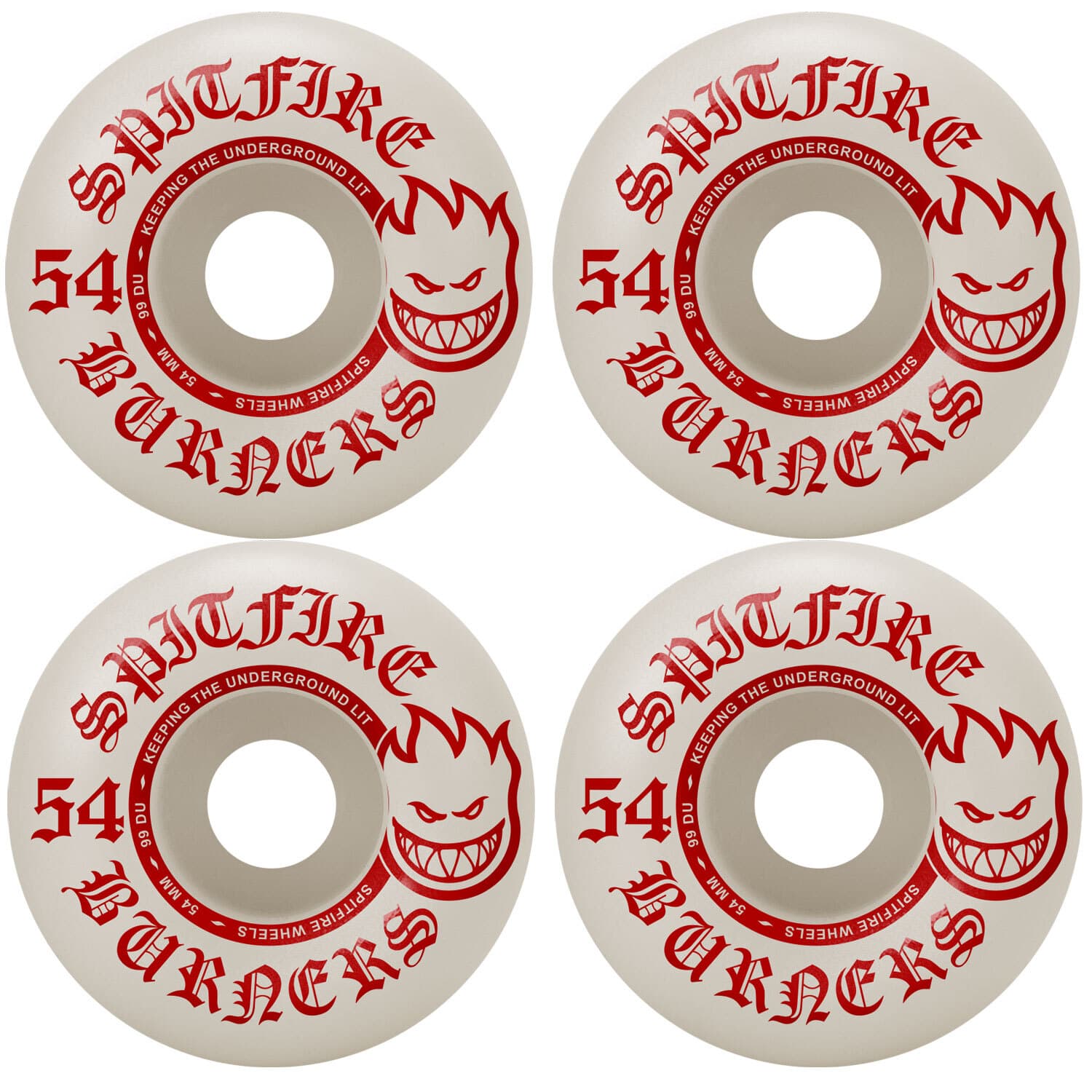 Spitfire Skateboard Wheels Burners 54mm 99A White/Red with Abec 5 Bearings 2