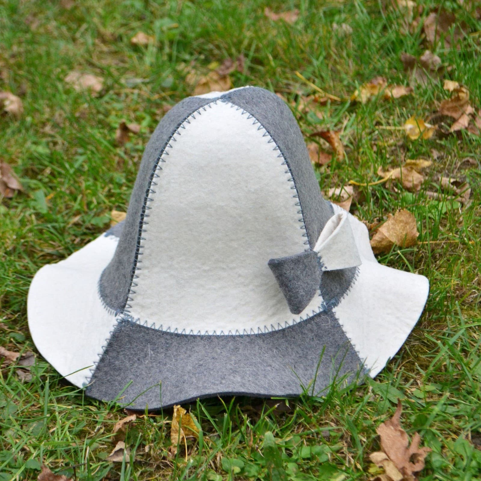 Ladies Sauna Hat Elegant White and Gray Wool Felt Hat