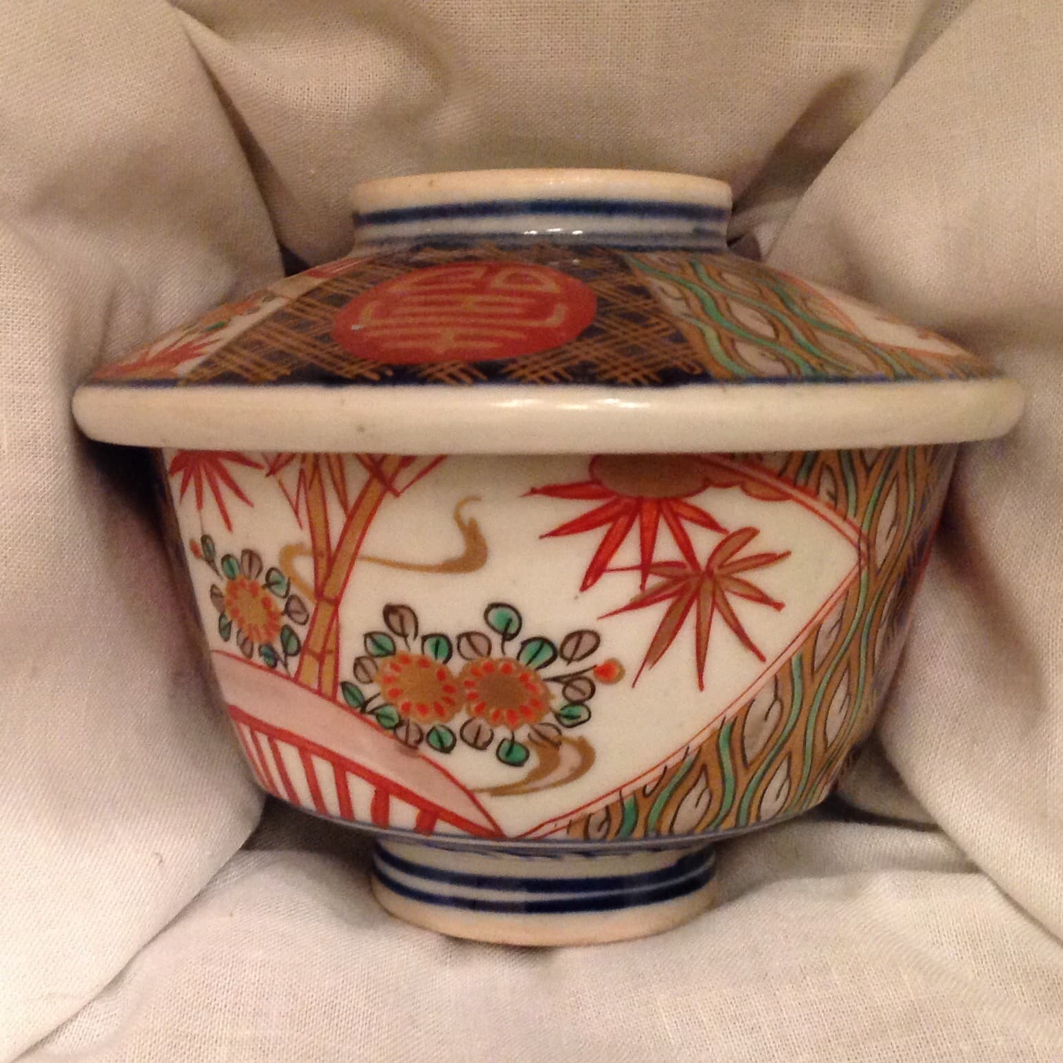 ~ Antique Japanese Export Imari Blue, Red, & Gold Covered Porcelain Bowl  3