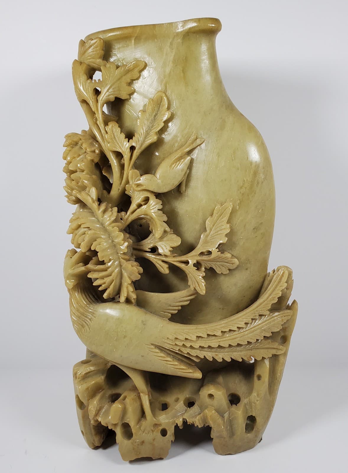 Vintage Large Chinese Hand Carved Soapstone Floral Vase with Bird Accents 2