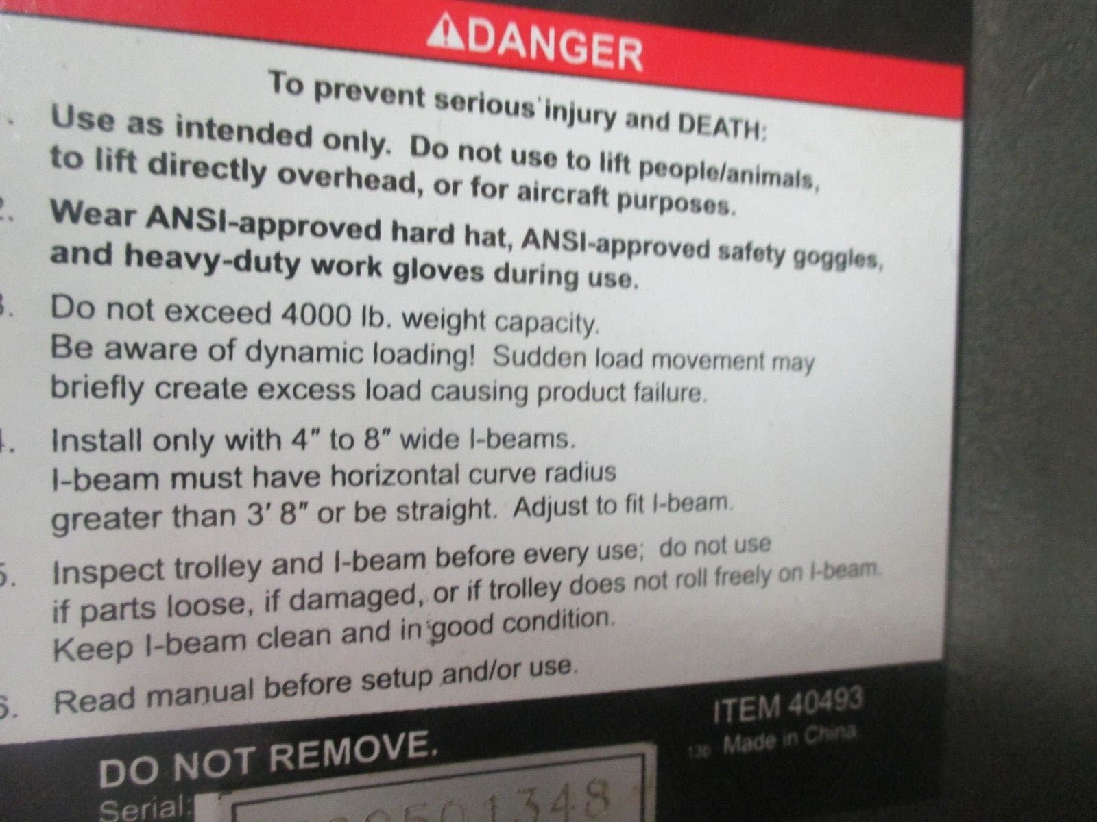 USED Haul Master 2-Ton Adjustable Push-Pull Chain Fall Beam Trolley 4