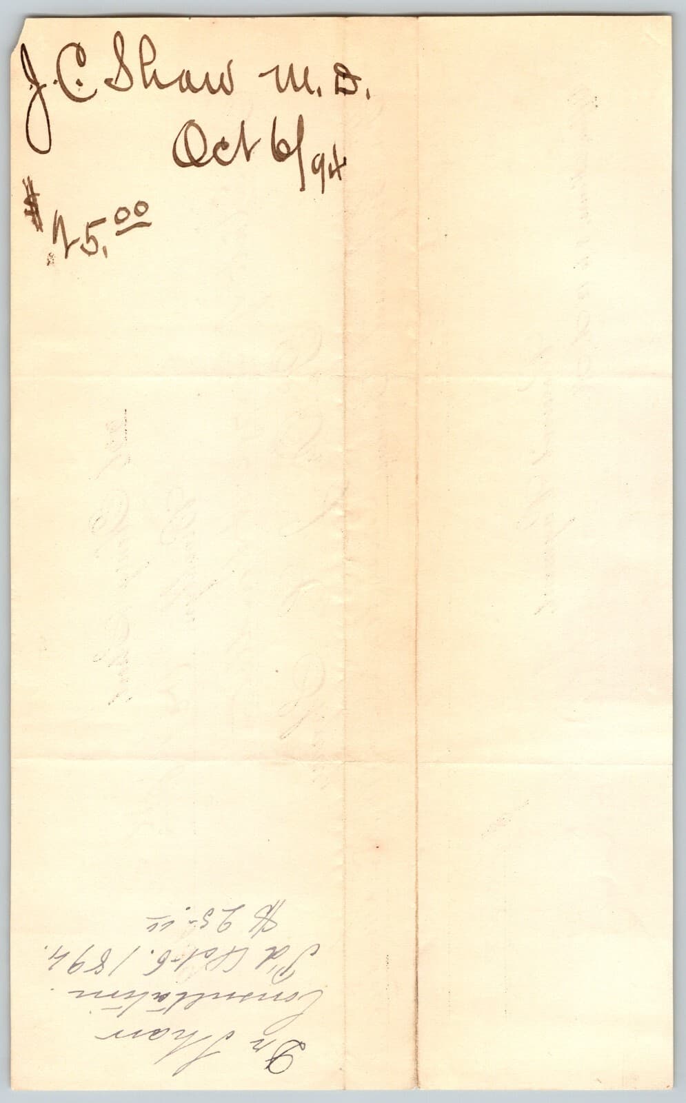 Dr. J.C. Shaw Henry St. Brooklyn 1894 Medical Receipt Billhead 2