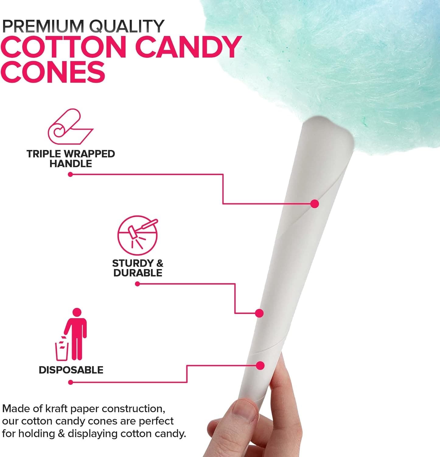 Cotton Candy Cones (100 Pack) – White Kraft Paper Sticks for Floss Sugar &...  3