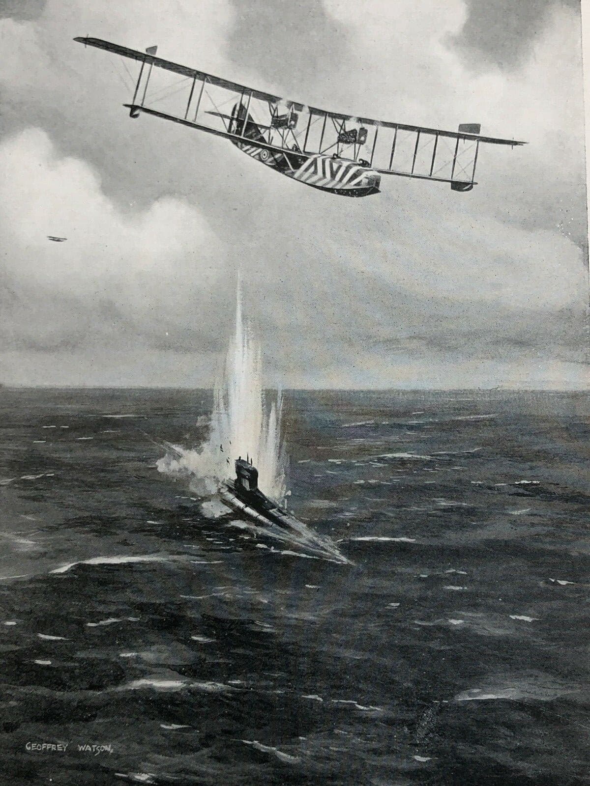 ww1  aeroplane print - a flying boat attacking a submarine  2