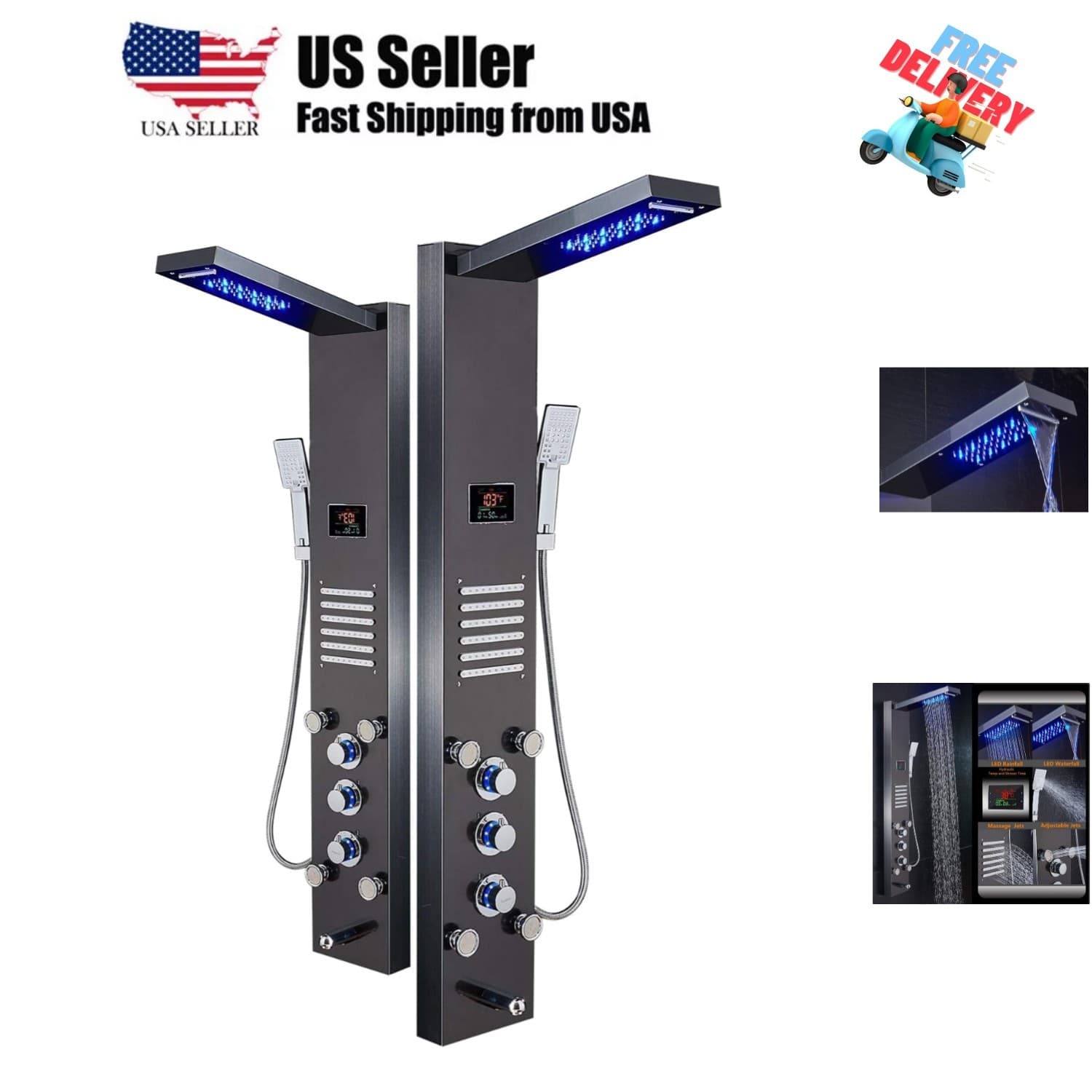 LED Shower Panel Tower System, Hydroelectricity Display Rain Massage with Jet...