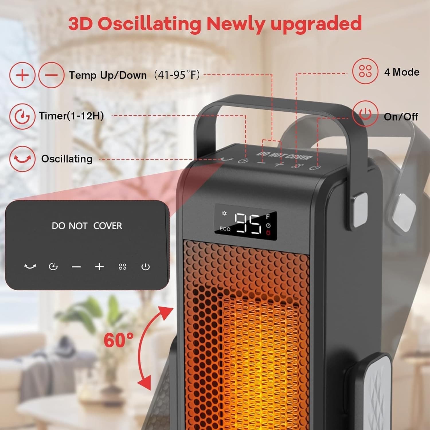 1500W Portable Fast Heater 3D Oscillating 4 Mode/ECO PTC Electric Space Heater 5