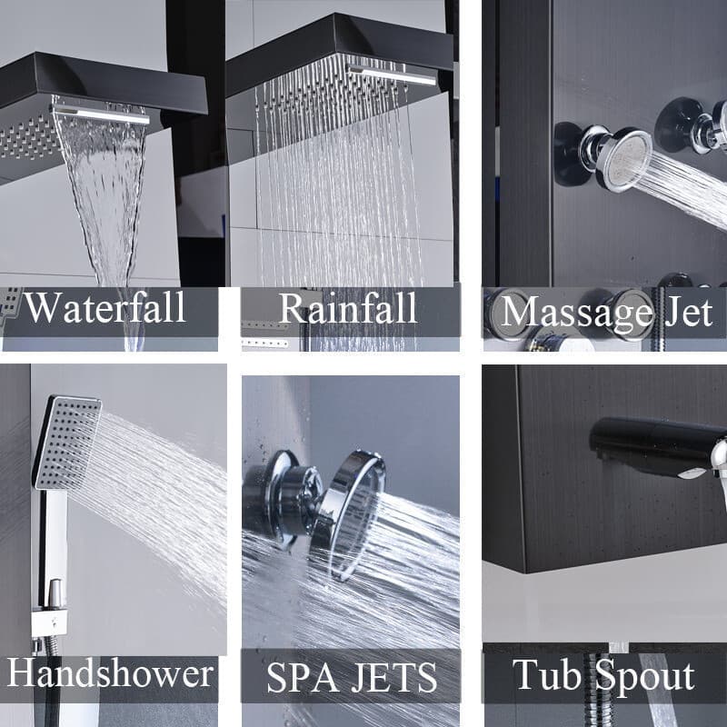 Stainless Steel LED Shower Panel Tower Rain&Waterfall Massage Body Jets System 5