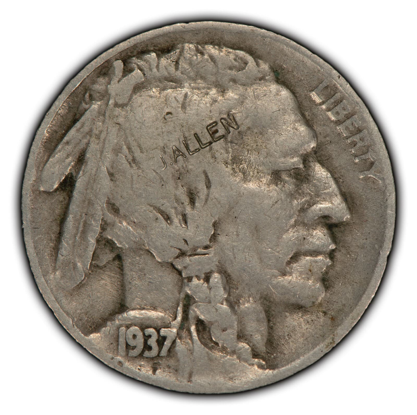 1937 5c Hobo Buffalo Nickel - Animal Reverse WOOLLY MAMMOTH - J Allen - B1171 3