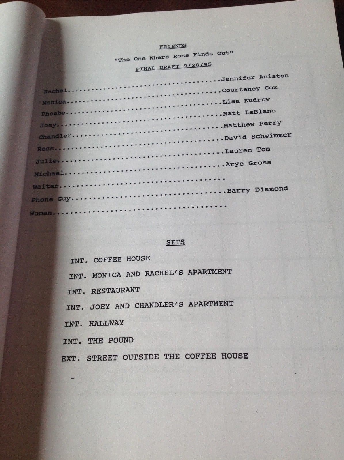 FRIENDS TV Script “The One Where Ross Finds Out" 9/28/95 Jennifer Anniston  3