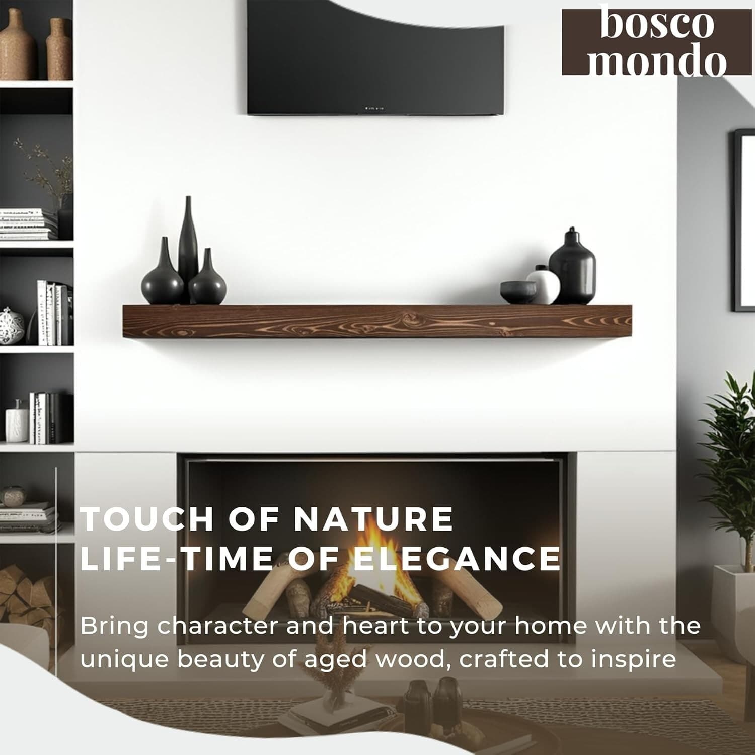 Rustic Solid Wood Fireplace Mantel Shelf - 72" Floating Elegance in Brown 4