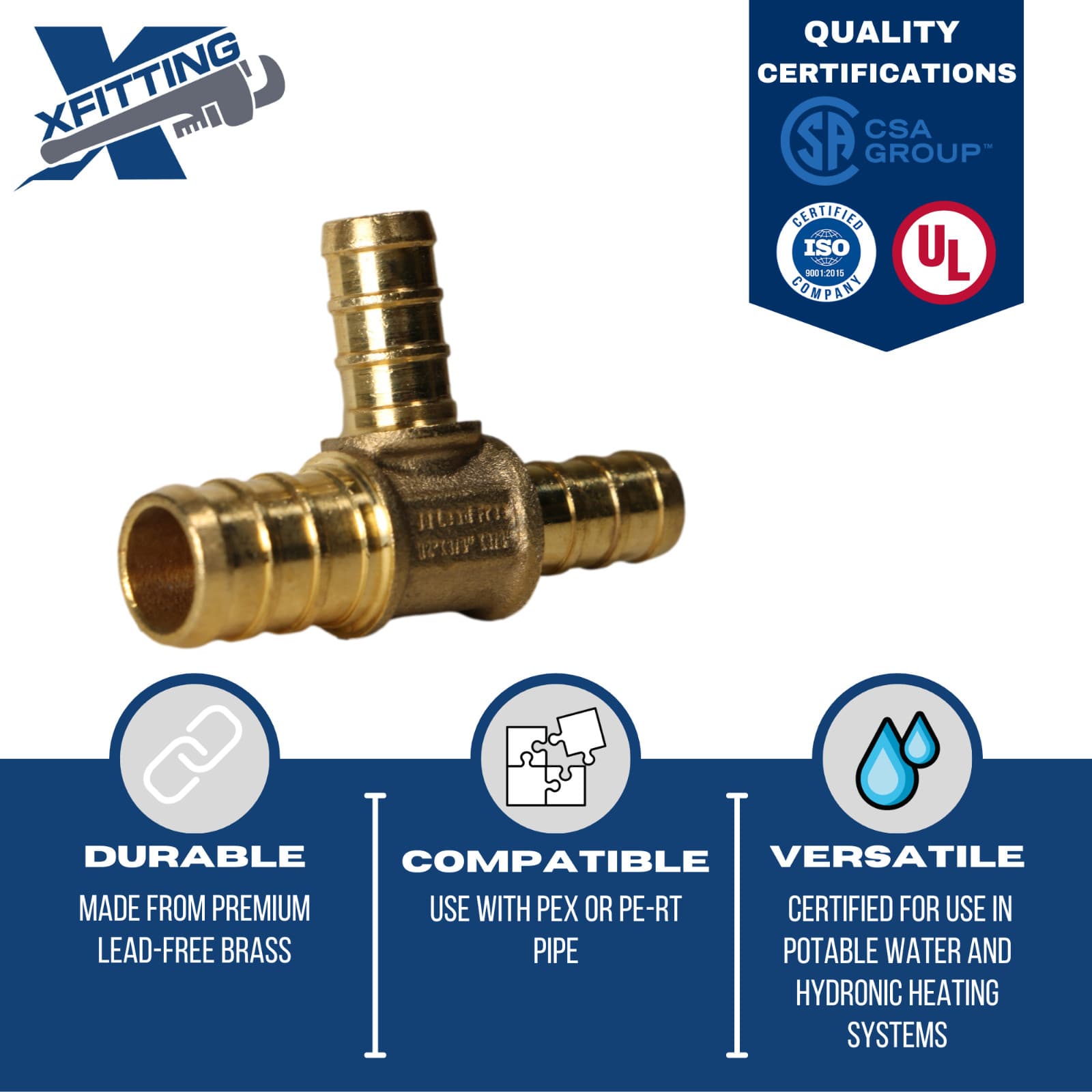 1 Pc XFITTING 1/2" x 3/8" x 3/8" Pex Tee, Lead Free Brass, Crimp Fitting 4