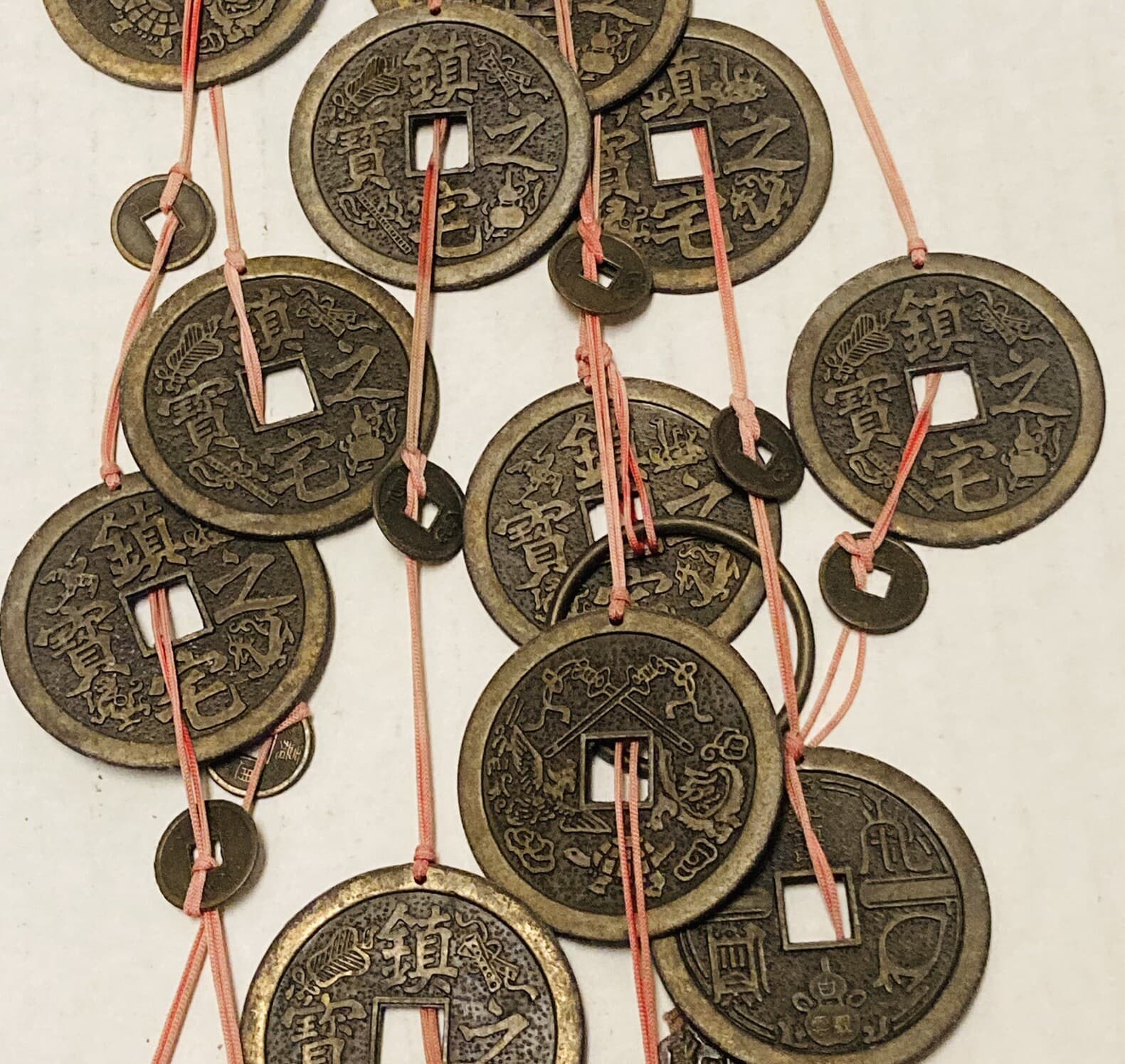 Rare 1950s Chinese Coin Token Wind Chime Feng Shui Buddha Qwan Yin Charm Art X 3