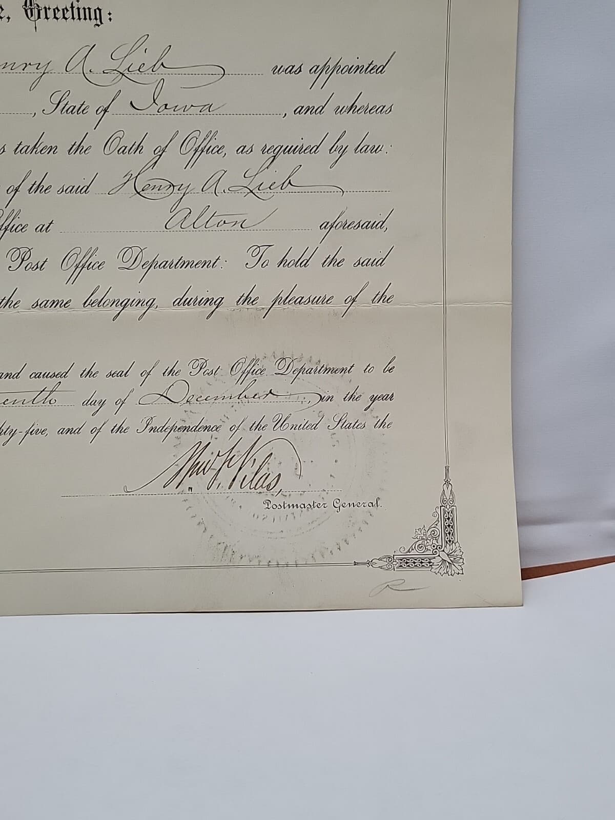 1885 POST OFFICE DEPT. HENRY A LIEB SIOUX CITY IOWA William F Vilas SENATOR TZ 2