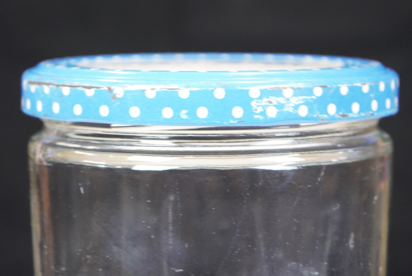 Mary Ellen a cup to a cup blue polka dot lid clear jar empty of jam and jelly 3