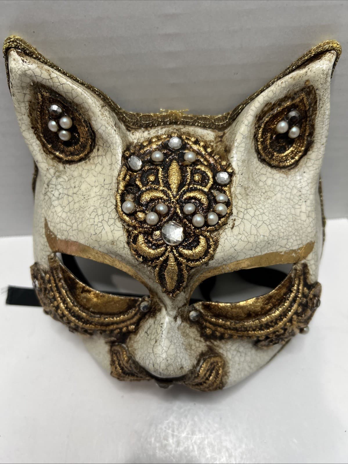Masquerade Mardi Gras Cat Mask W/Jewels Handmade From New Orleans 7” x 6” 4