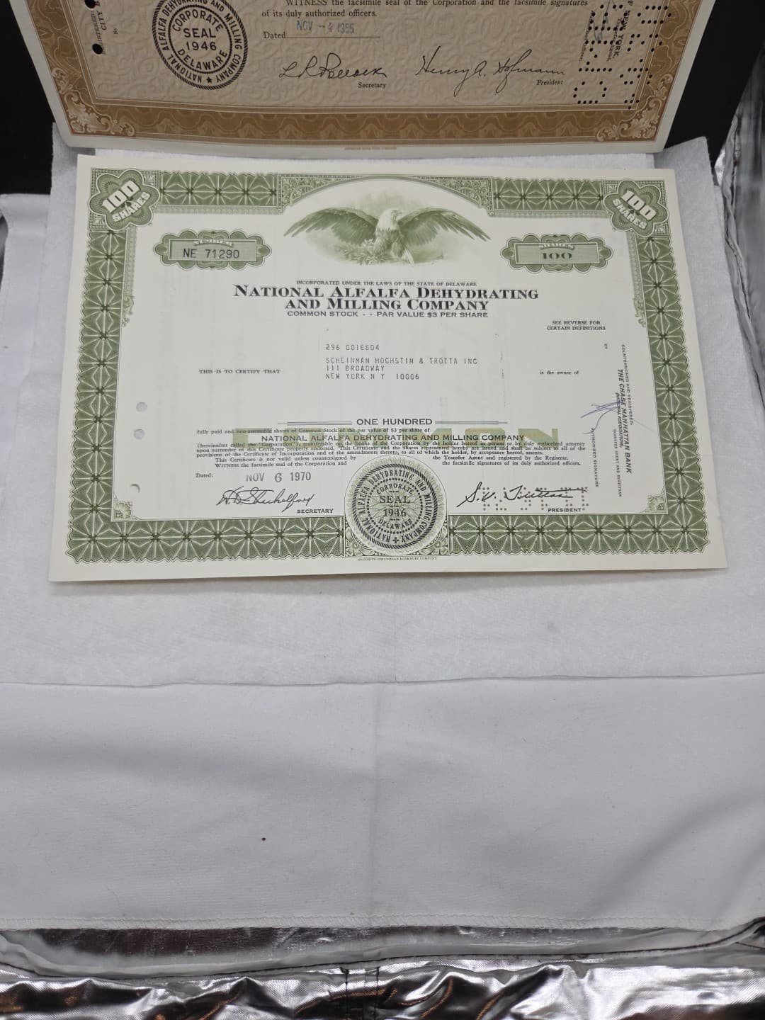 National Alfalfa Dehydrating And Milling Co. 2 Stock Certificates  Shares 3