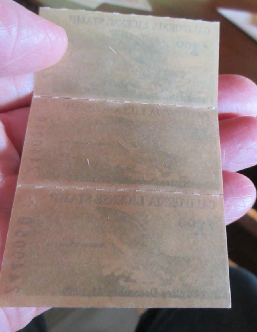 3 1959 California Fishing Stamps Consecutive numbers unused.  (w19) 3