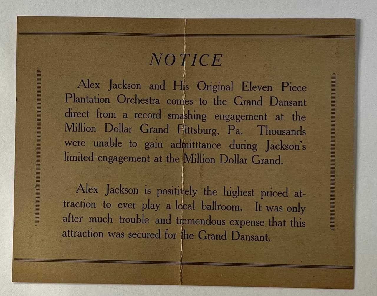 c1920s BLACK BAND PAMPHLET, ALEX JACKSON AND HIS ORIGINAL PLANTATION ORCHESTRA 3