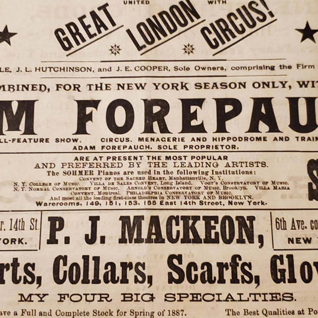 5184----1887 PT Barnum (with Forepaugh) rare program Madison Square Garden 3
