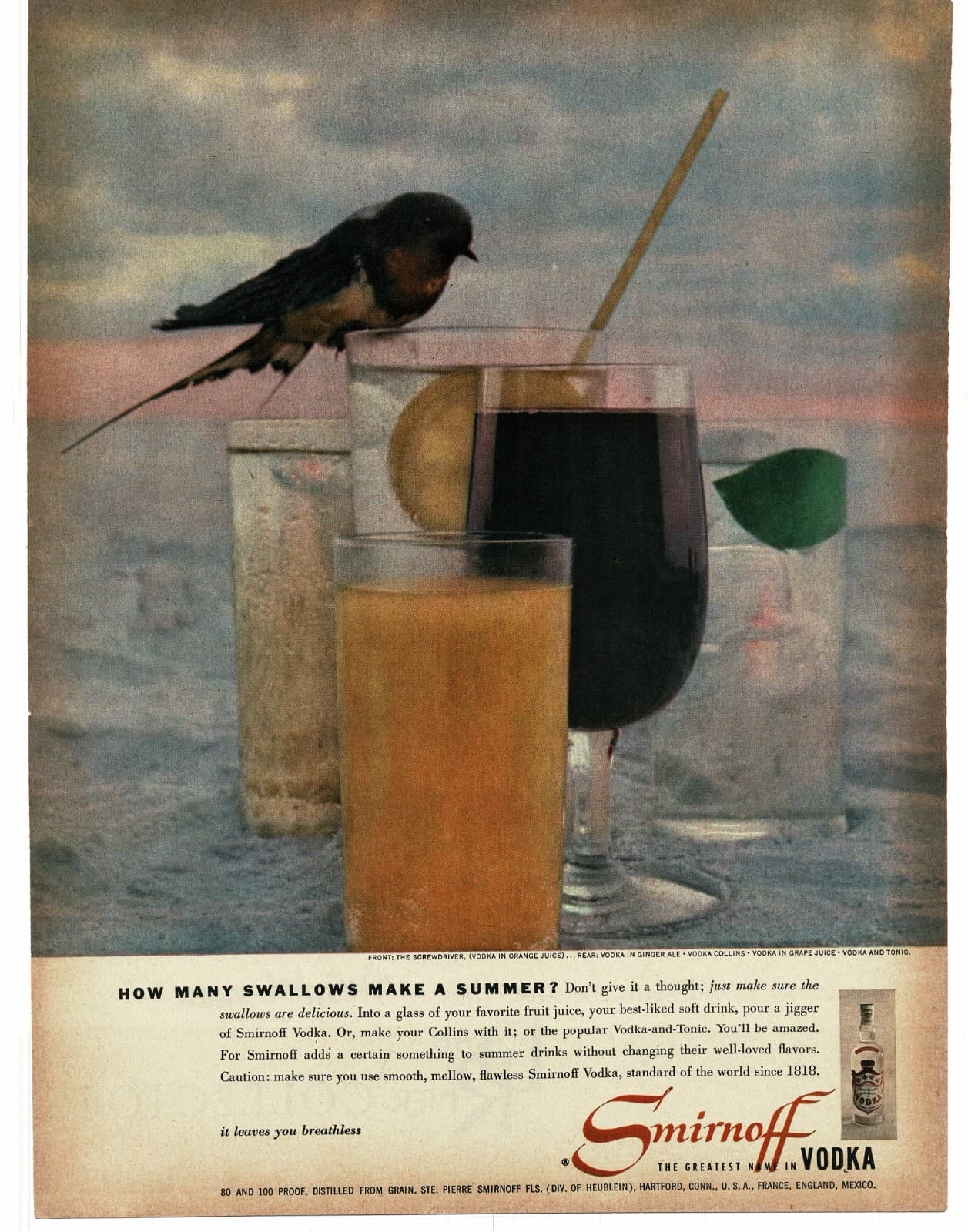 1956 Smirnoff Vodka cocktail drinks Swallow bird Vintage Print Ad