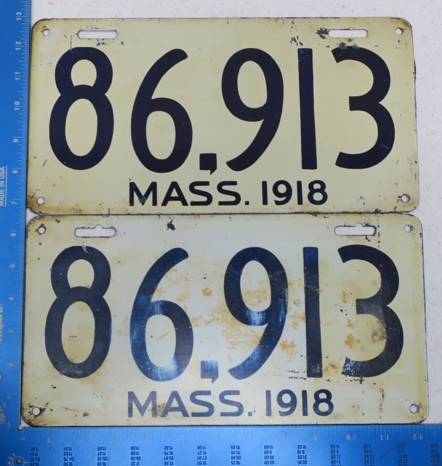 Massachusetts LIcense Plate 1918 18 Pair Set Tag Mass Ma 86913 86 913