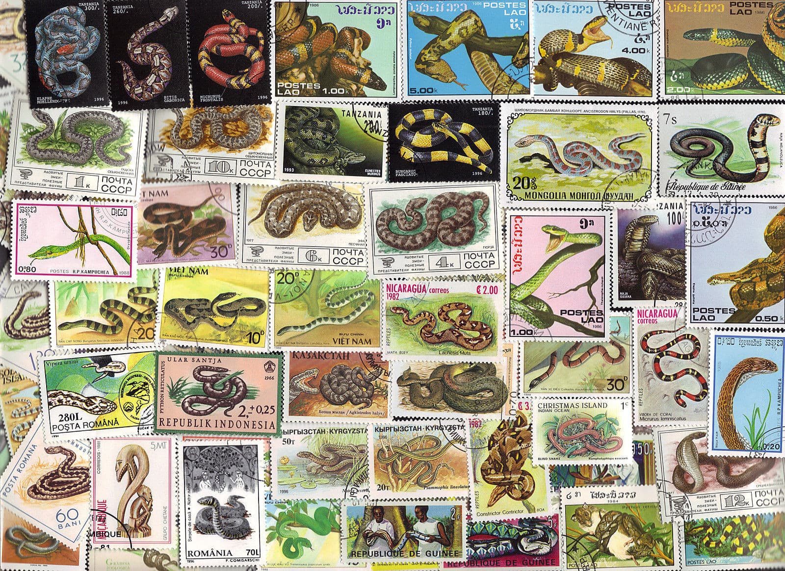 75 All Different Snakes and Serphants on Stamps