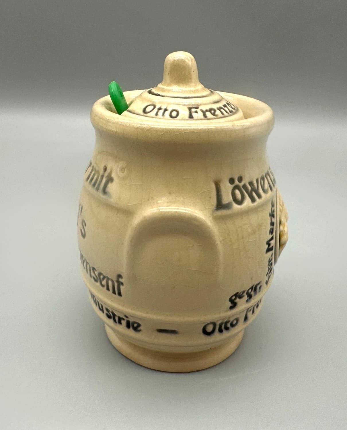 Vintage Germany Mustard Pot Frenzel Düsseldorf Löwensenf Stoneware W/Lid Spoon 6