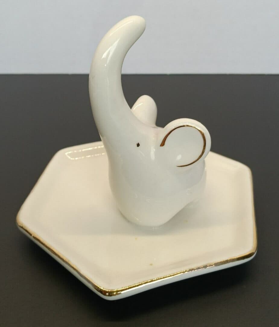 Elephant Ring Holder Porcelain White and Gold Trim 3