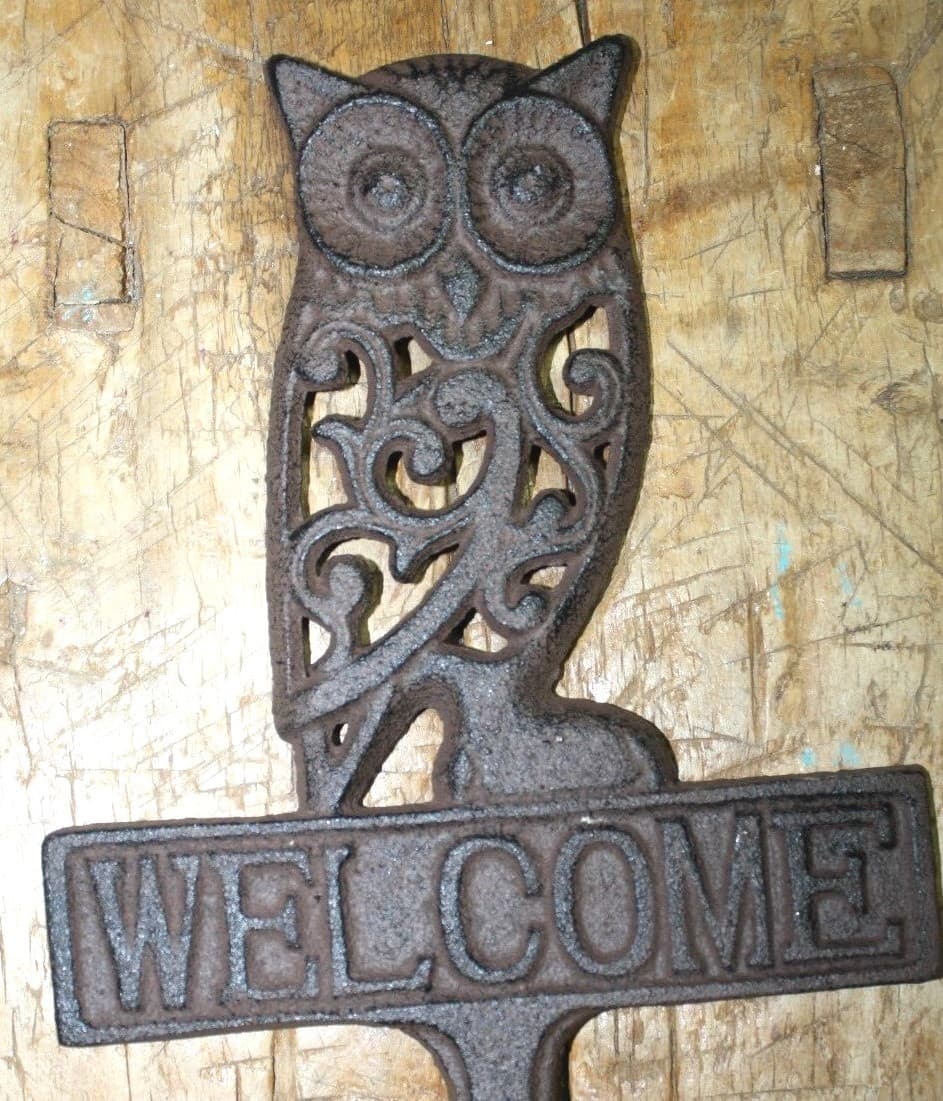 Rustic Cast Iron OWL WELCOME Sign Garden Stake Home Decor Pond Plaque Man Cave 2