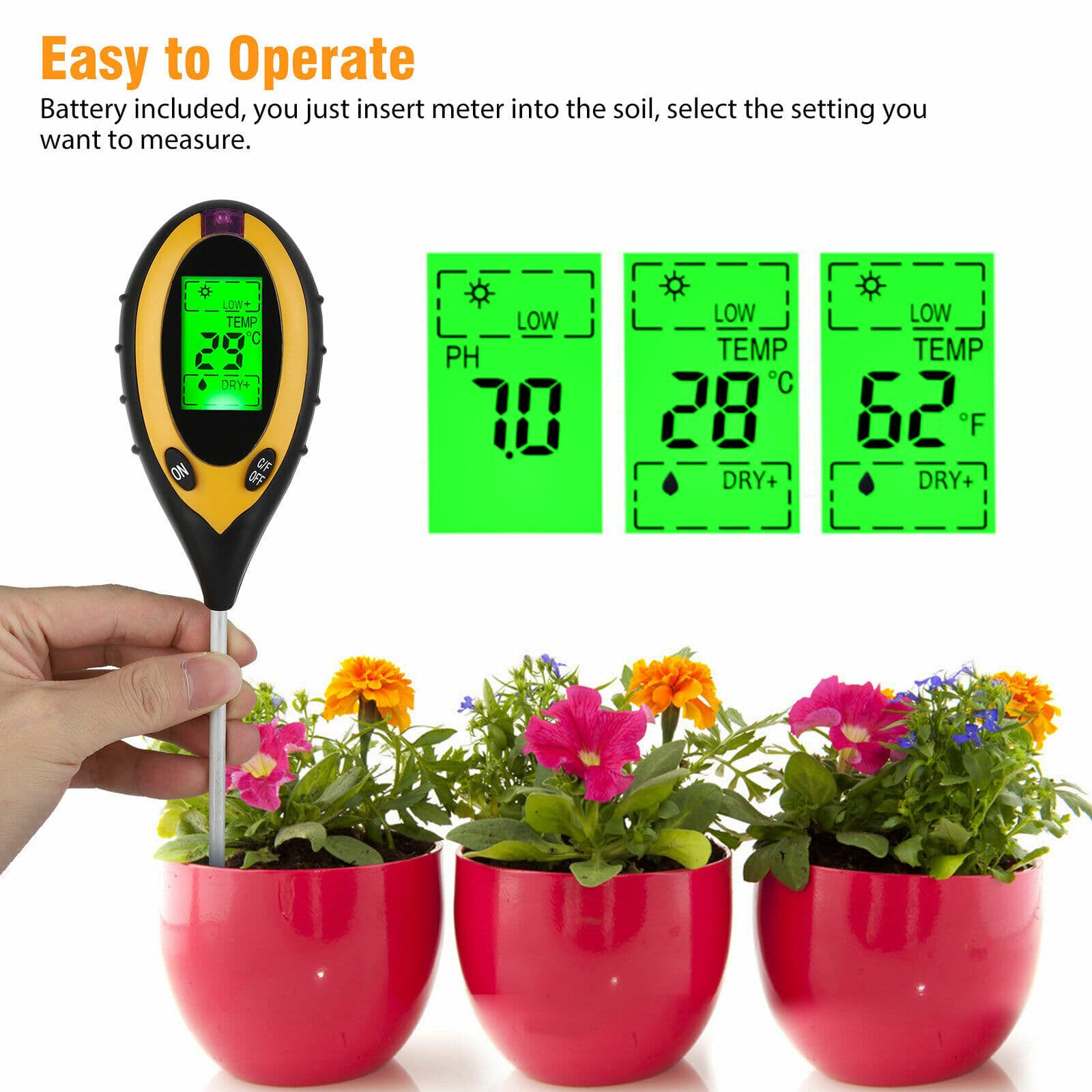 5 in 1 LCD Digital Soil PH Tester Moisture Humidity Meter LED Light Garden Plant 2