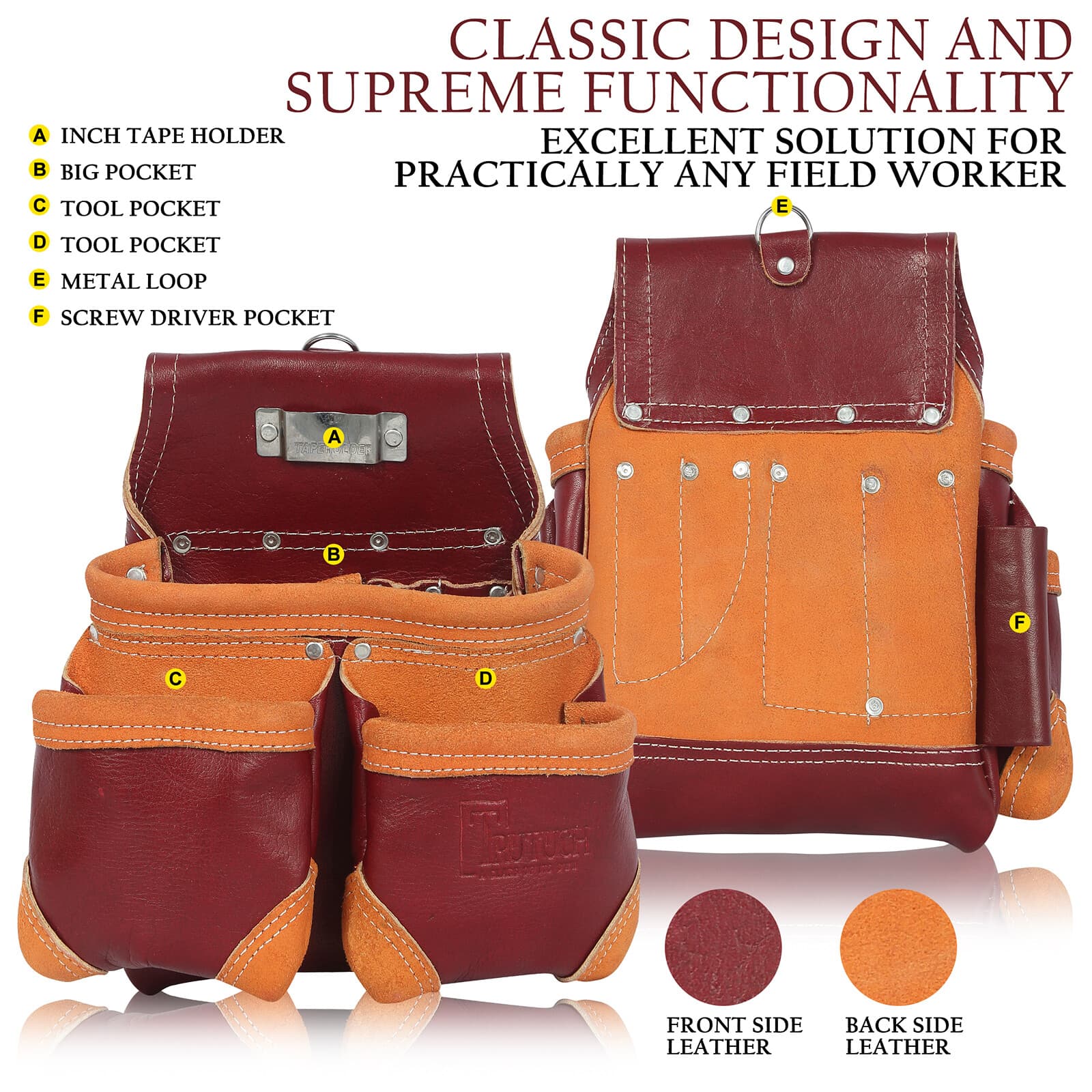 Trutuch Leather Carpenter Tool Belt | 18 Pockets | Framers Tool Belt | Handyman 4