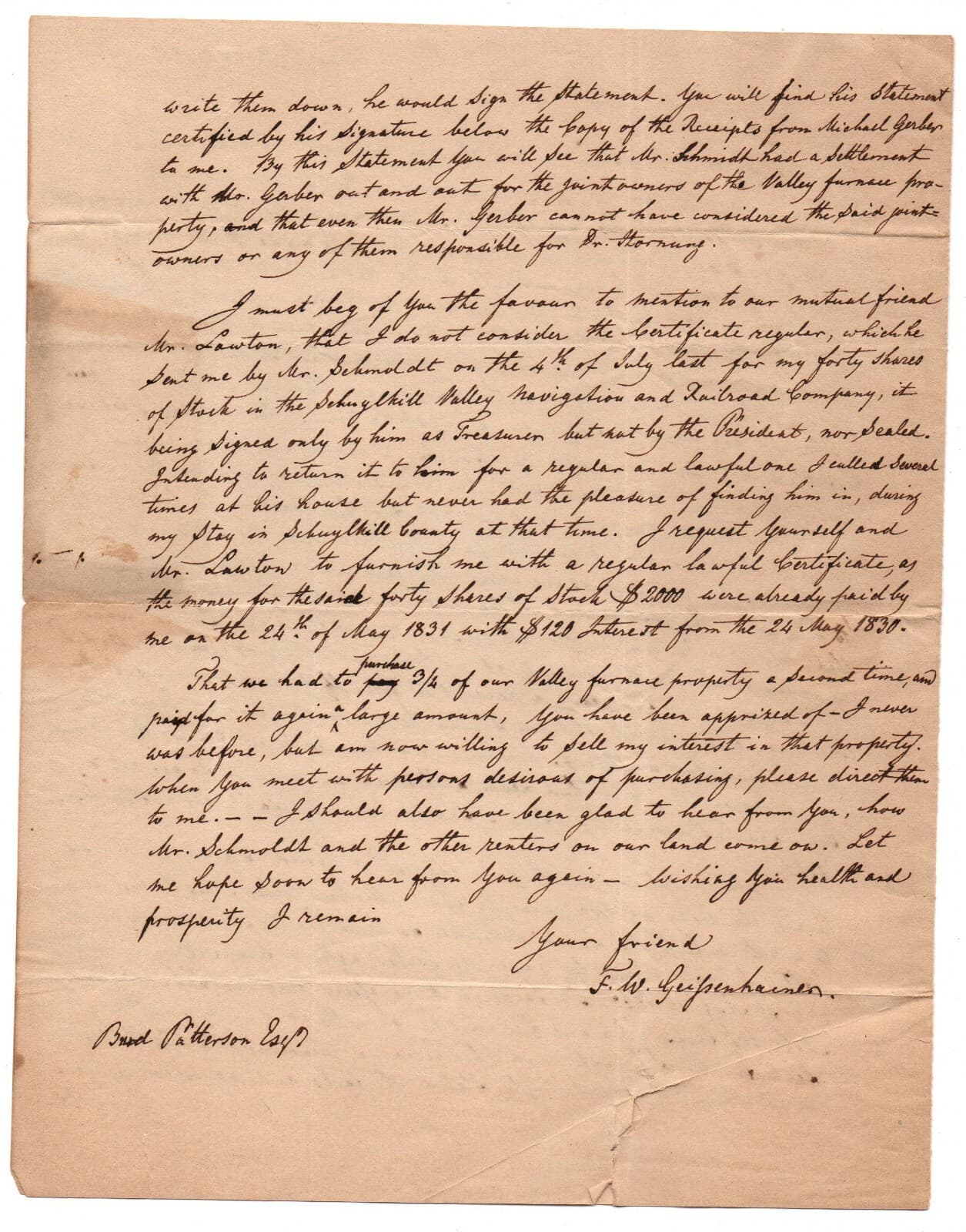 Stampless Cover / Letter 1832 Schuylkill Navigation, Silvercreek Railroad , Coal 2