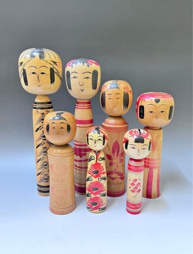 KOKESHI Jpanese Vintage Wooden Doll set of 7 Japan 18cm-33cm #001