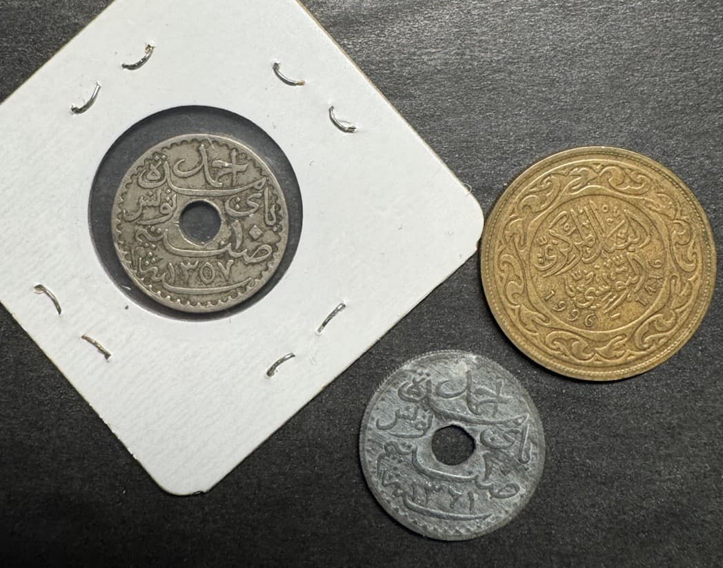 Tunisia Coin Lot Of 3 1938 1942 1996 10 100 Centimes World Coins Hole 2