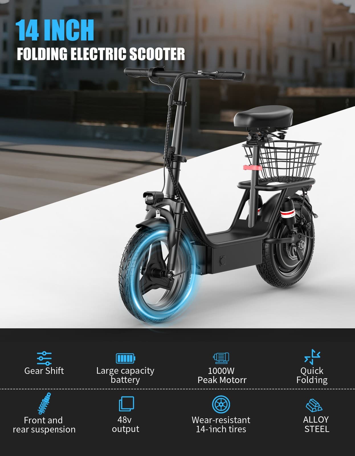 ASKGO Adult Electric Scooter W/ Seat Commuter Foldable 1000W 13Ah Battery 25mph 4