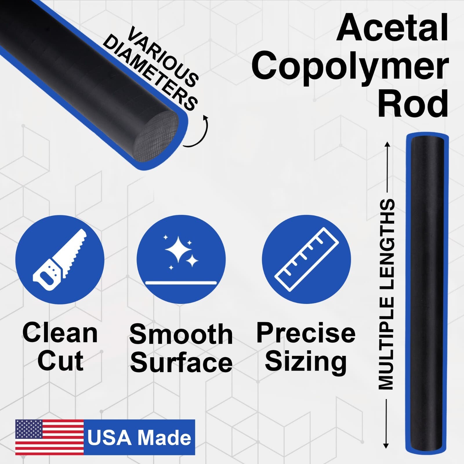 Duco Plus Acetal Copolymer Rod Black Wear-Resistant Machinable Multiple Lengths