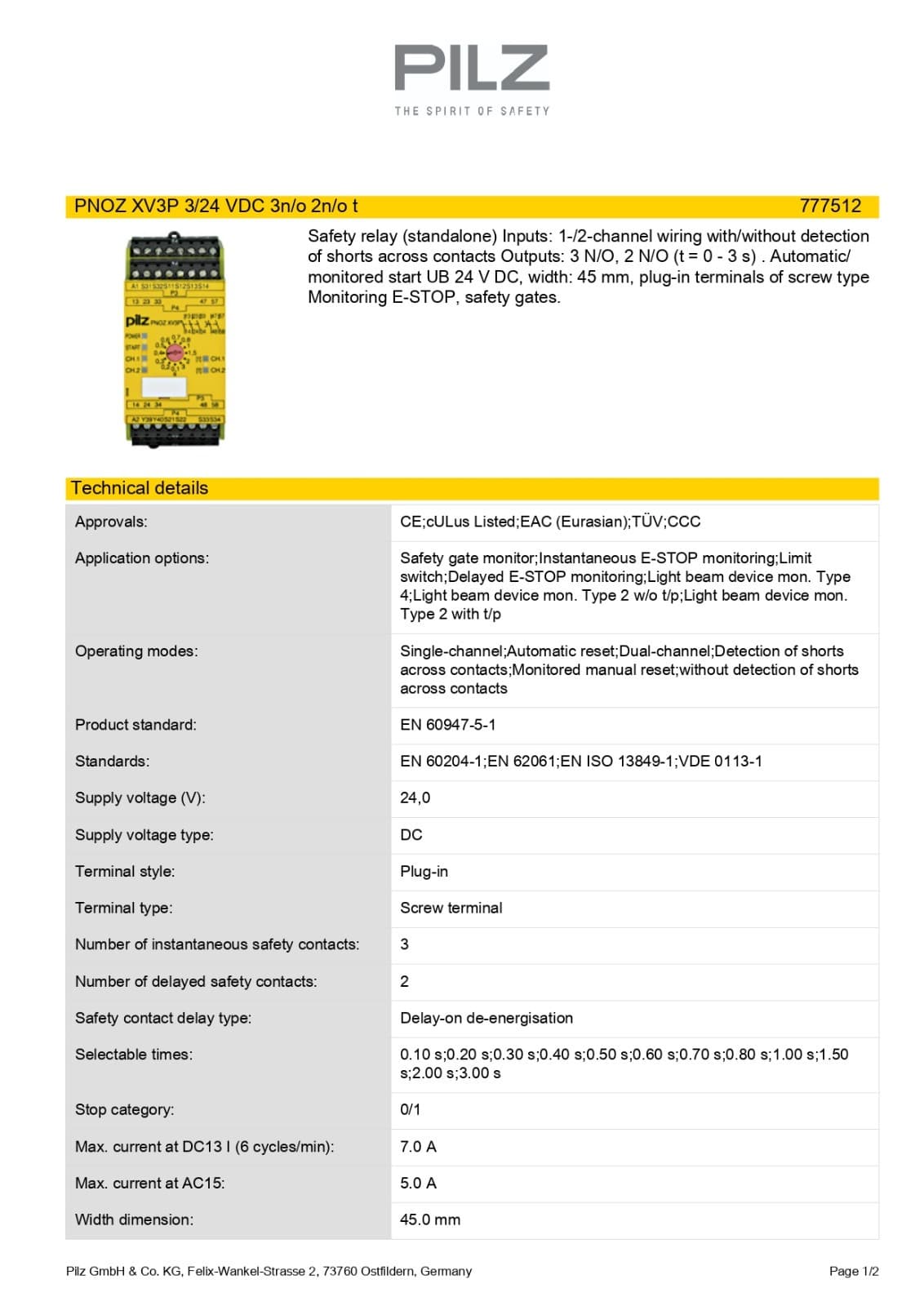 Pilz PNOZ XV3P 3/24 VDC 3n/o 2n/o t (777512) Safety Relay Standalone 24VDC 6
