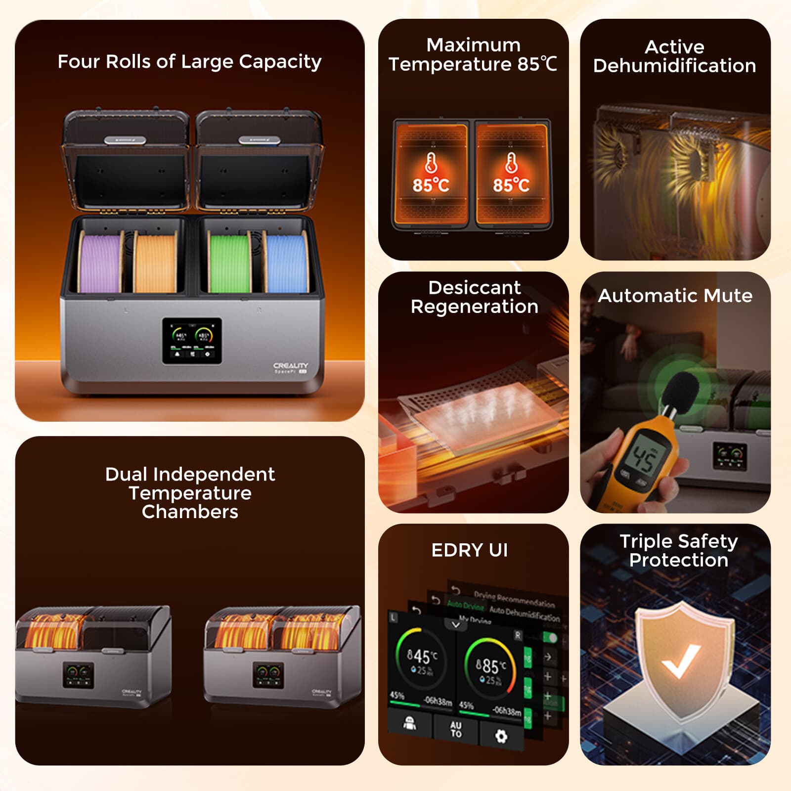 Creality SpacePi X4 Filament Dryer 4 Spools Filament Dryer Box 360° 200W Heating 3