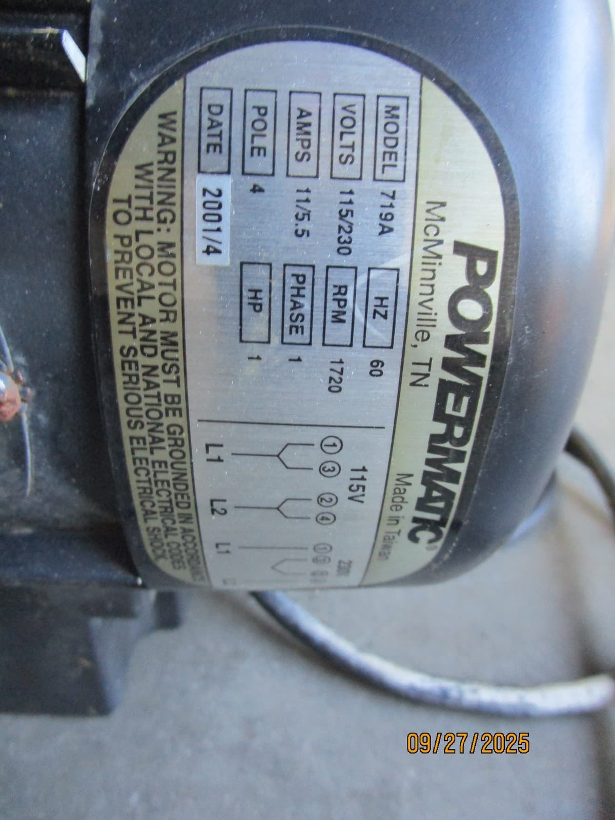Powermatic 719A Mortiser Electric Motor 1hp w On/Off Switch 4
