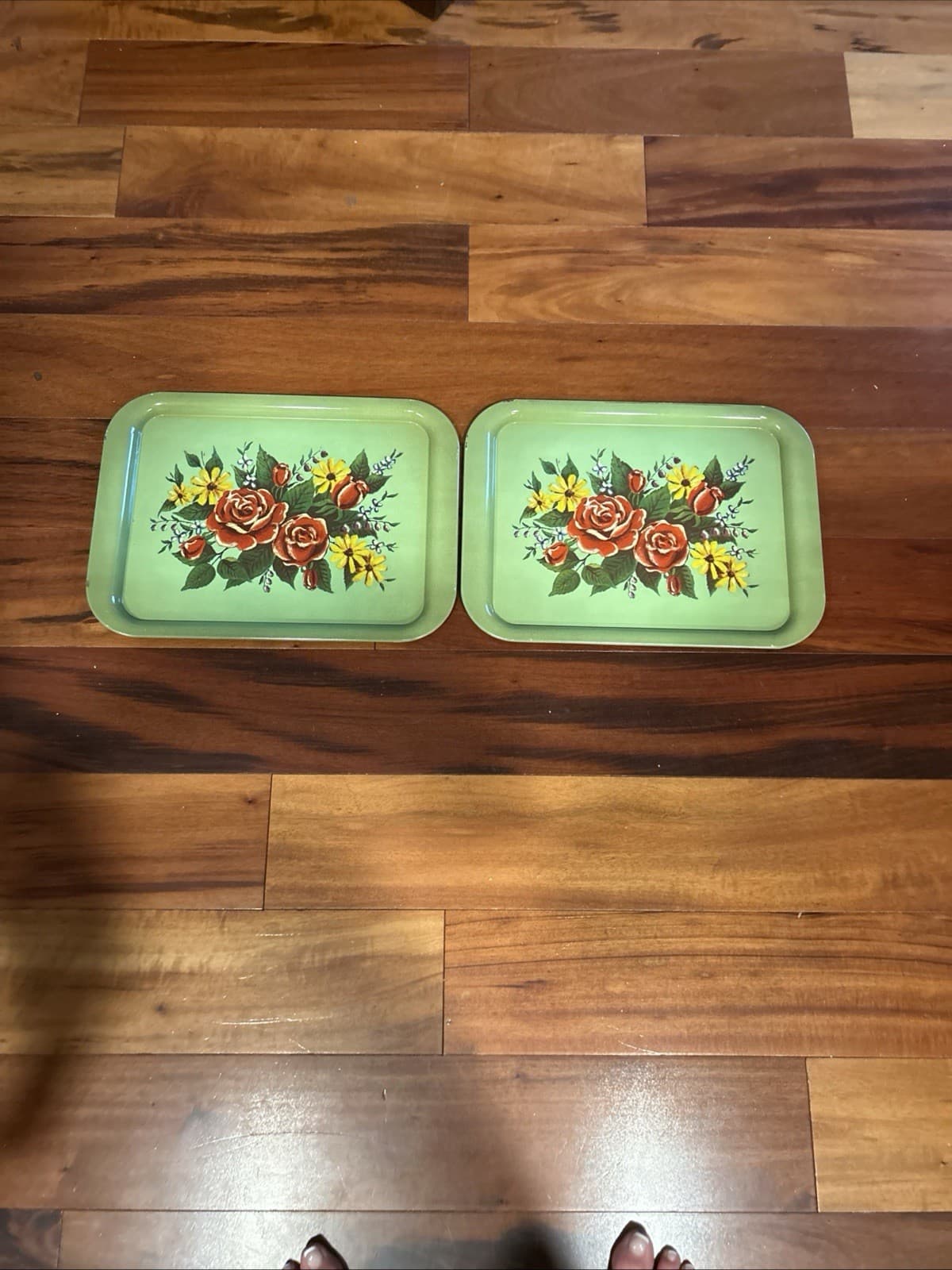 2 Vintage MCM Metal Lap Bed TV Tray Floral 14.5” X 11” green, red yellow roses