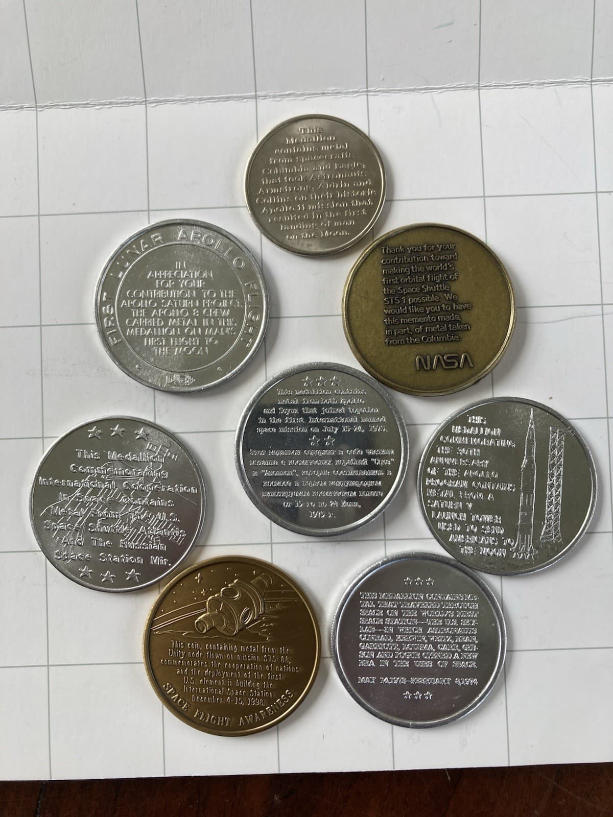 Vintage NASA Large Lot Of Medallions/Coins: Apollo, Columbia, Soyuz, Flown Metal 5