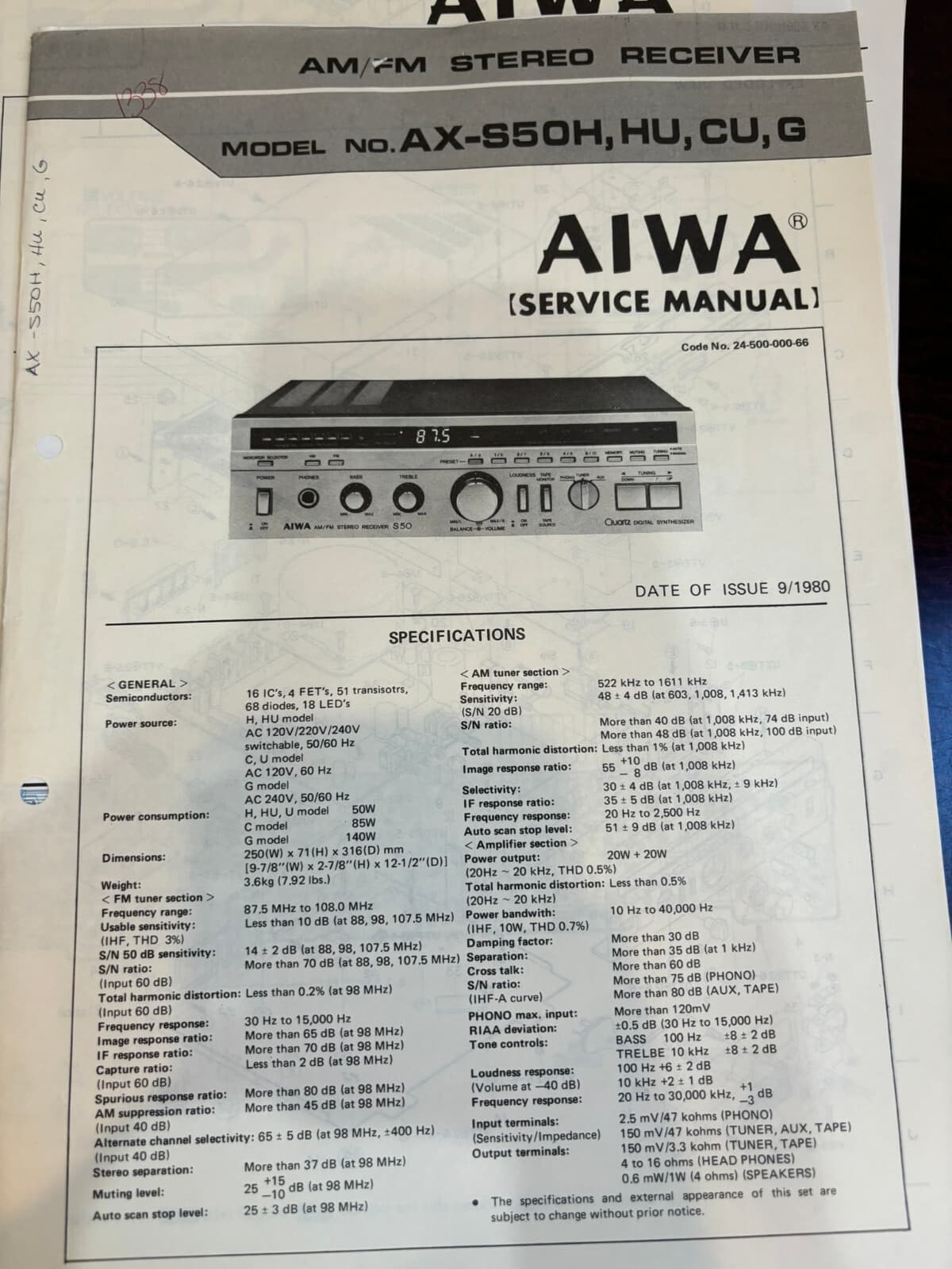 AIWA AX-S50 AX-S50H HU CU G Repair Service Manual FROM THE USA **ORIGINAL**