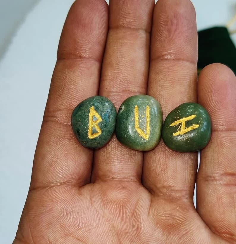 Green Jade Rune Stone Set - 25 Elder Futhark Runes with Velvet Pouch. 2