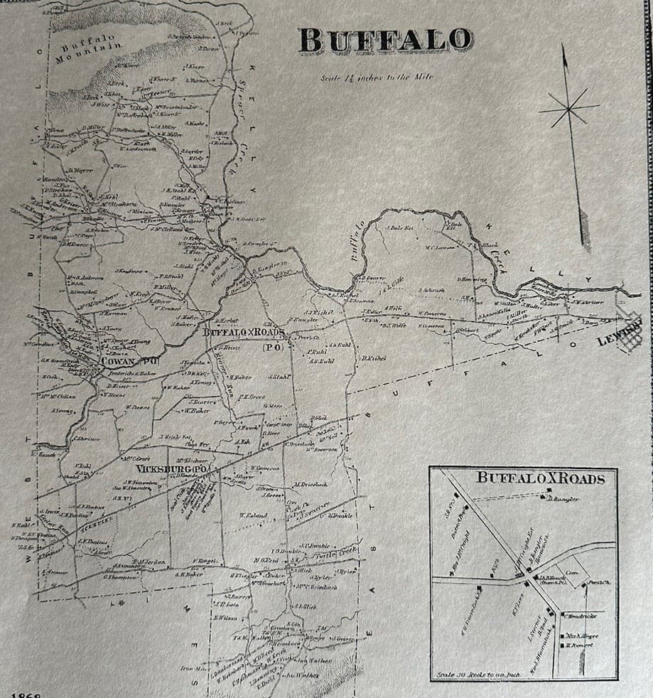 Cowan Vicksburg Buffalo Township, Pa, 1868 Map with Landowners Names Shown 2
