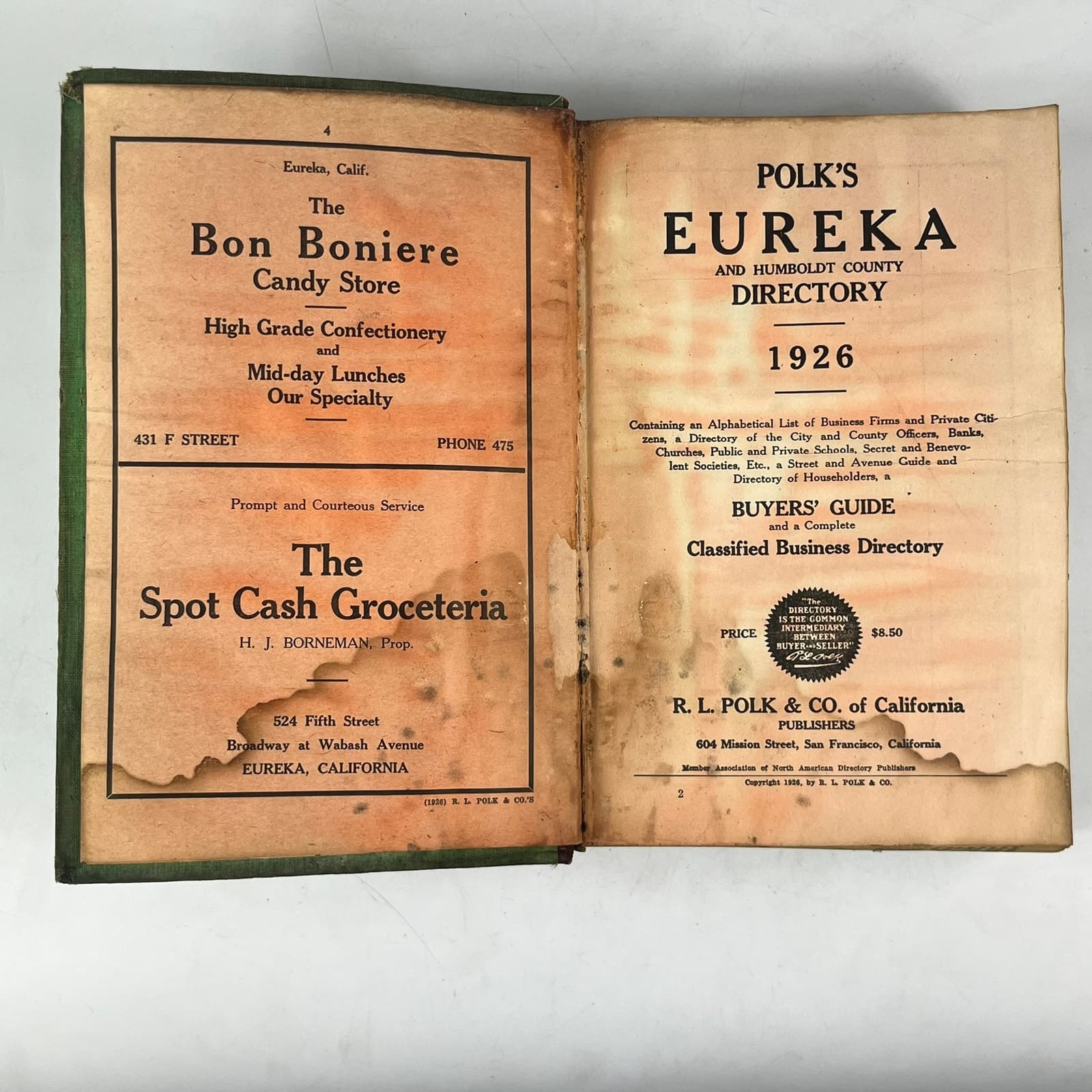 1926 Eureka Humboldt County CA City Directory POOR Ancestry Genealogy Antique 5