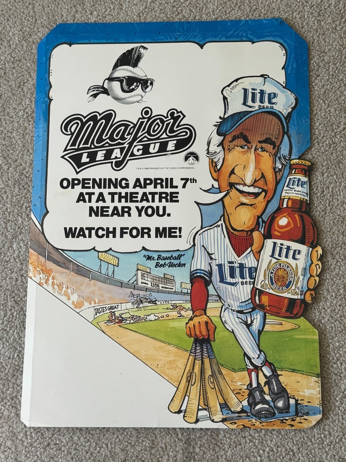 1989 MAJOR LEAGUE Movie Counter Display Standee Standup BOB UECKER MILLER LIGHT