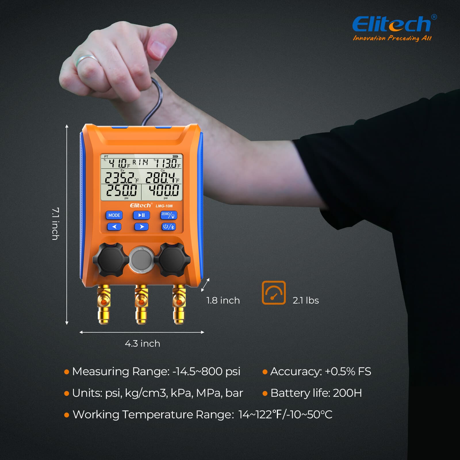 Elitech Digital Manifold Gauge 2-Way Valve AC Gauge LMG-10W App Control w/Hoses 6