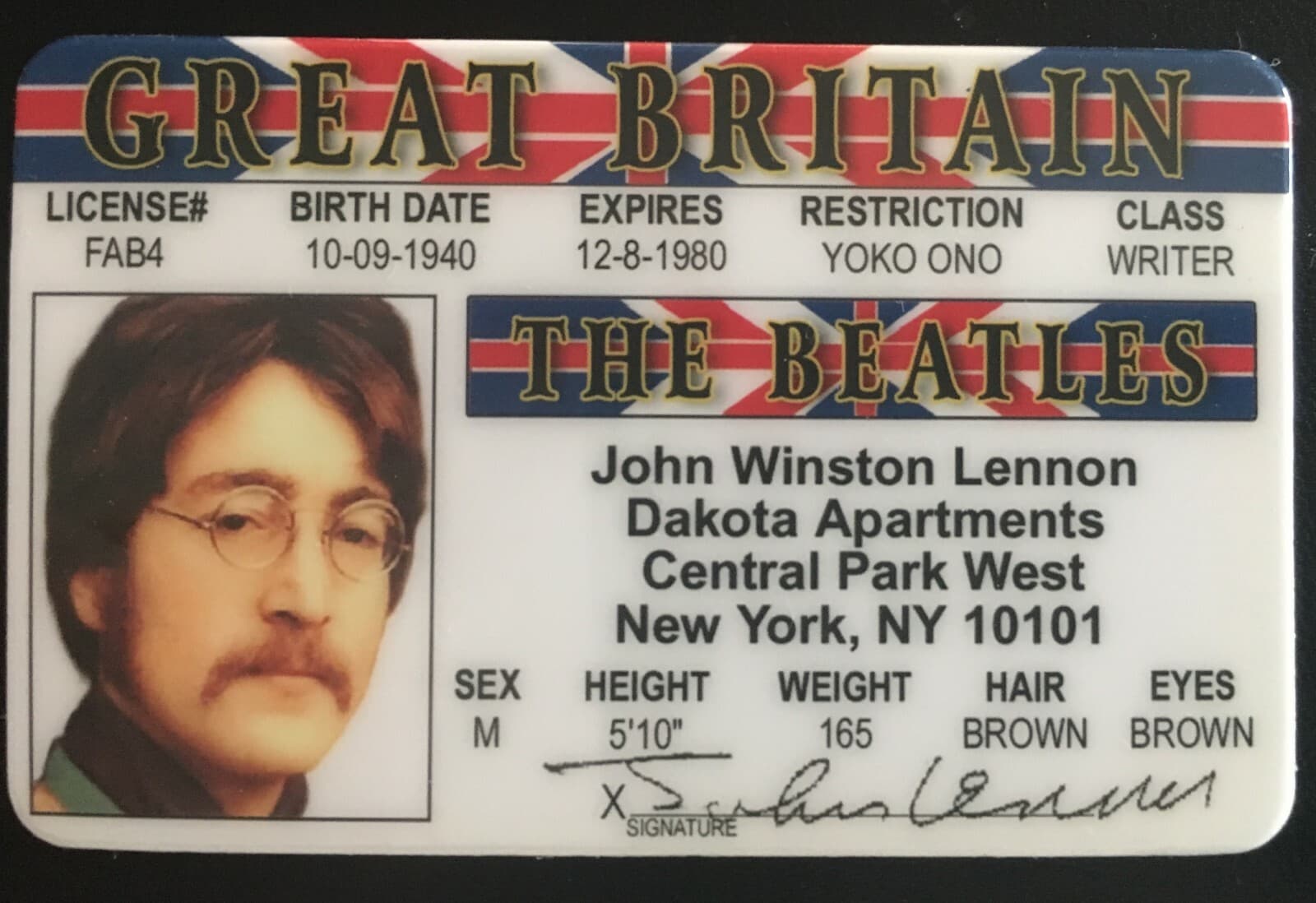 John Lennon Drivers License ID Rock Music Beatles Harrison Ringo Starr McCartney