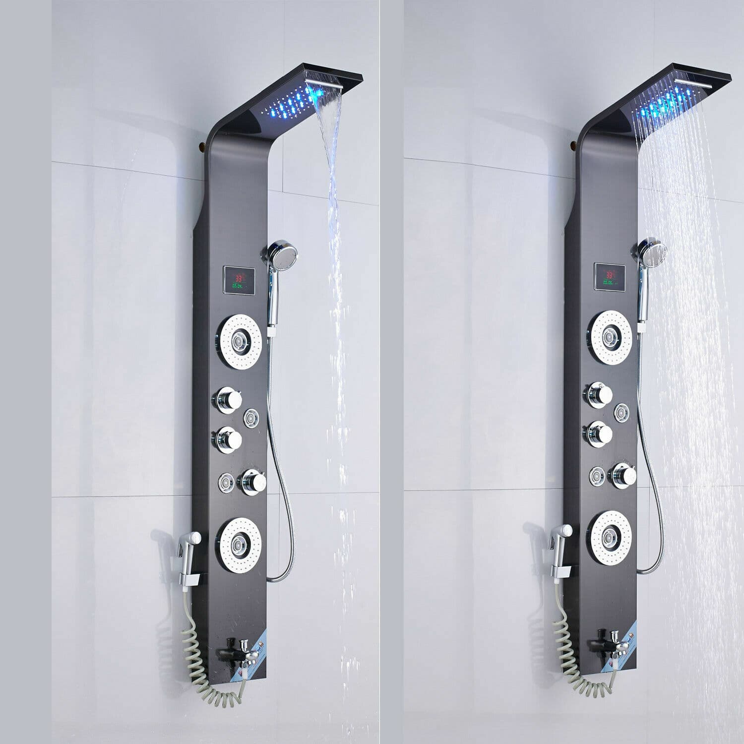 ELLO&ALLO LED Black Rainfall Shower Panel Tower Faucet Massage Body Jets System 3